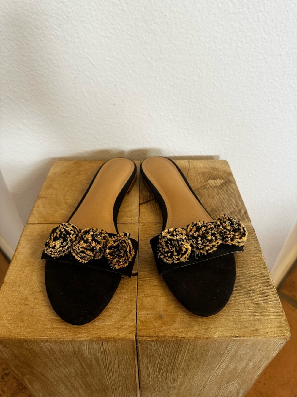 LOFT Black Slide Mules with Gold Floral Rosettes